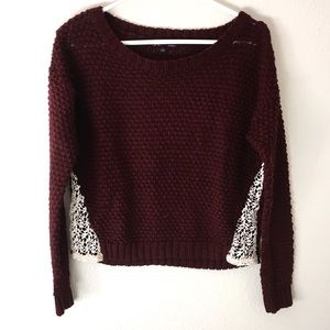 Burgundy Waffle Knit Lace Detail Sweater